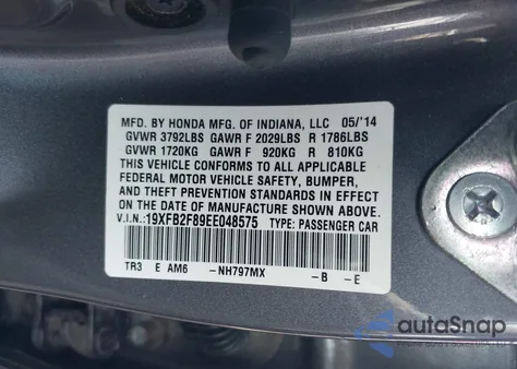 2014 Honda Civic Ex из США, поврежденный, VIN 19XFB2F89EE048575